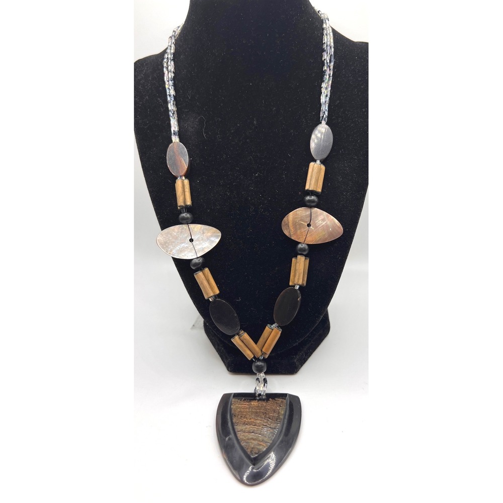 Modern Brown Statement Necklace Geometric Pendant Mixed Media 23"‎